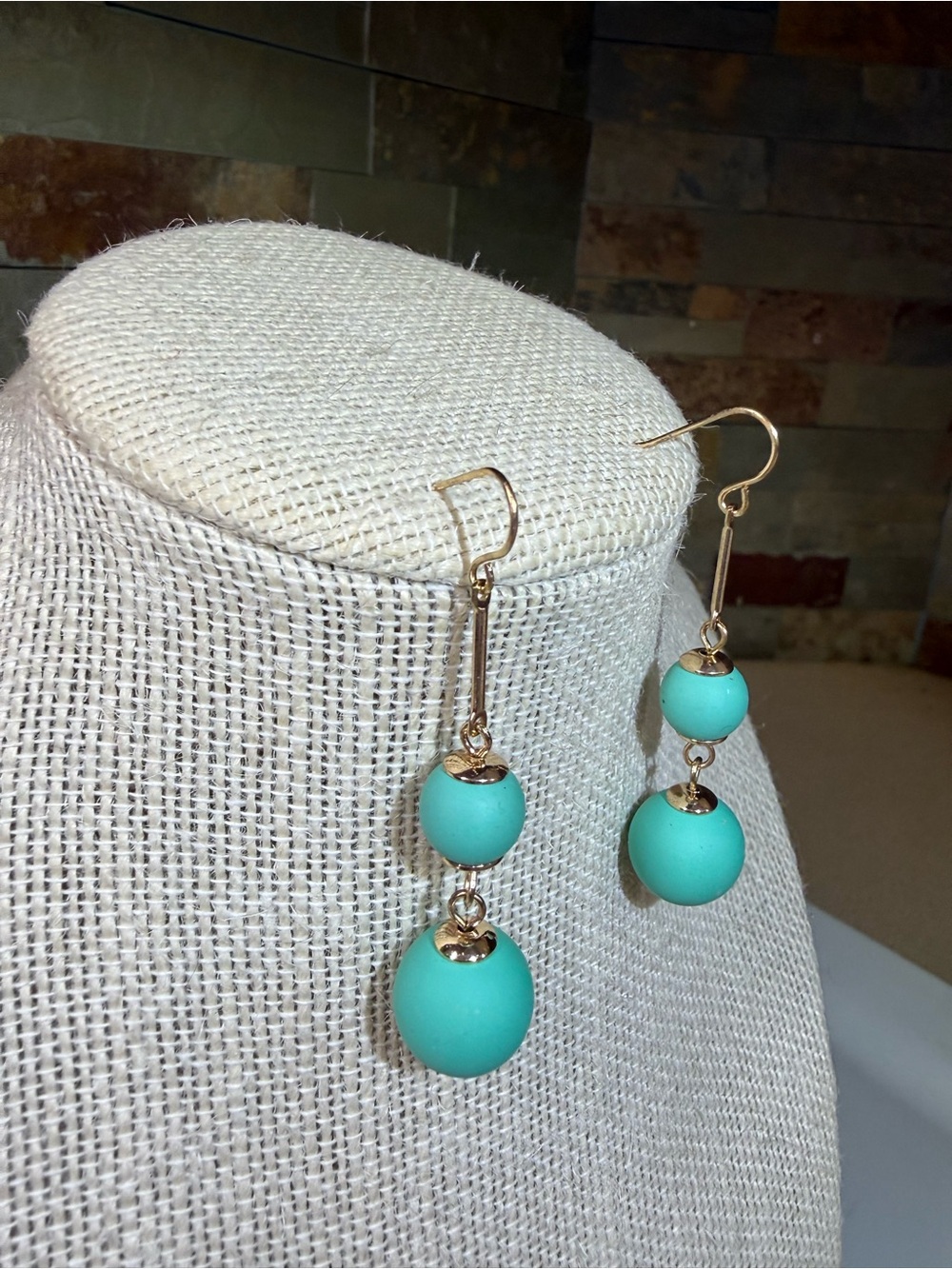 Gold-Tone Drop Earrings with Aqua Beads